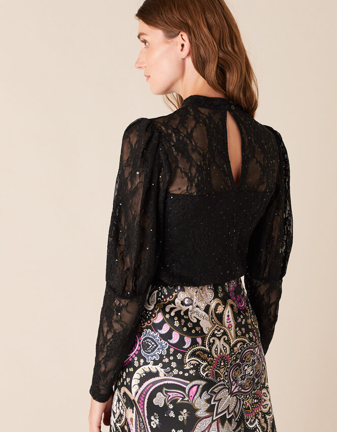 Layla Sequin Stretch Lace Top, Black (BLACK), large