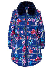Floral Check Padded Coat in Recycled Fabric, Blue (NAVY), large