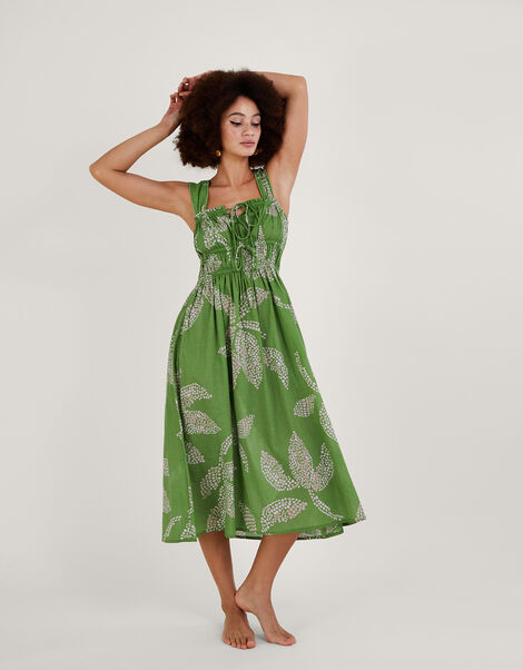 Palm Spot Print Midi Sundress in Sustainable Cotton Green, Green (GREEN), large