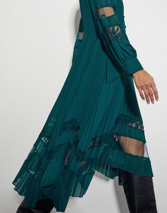 Florence Lace Insert Pleated Midi Dress, Green (GREEN), large