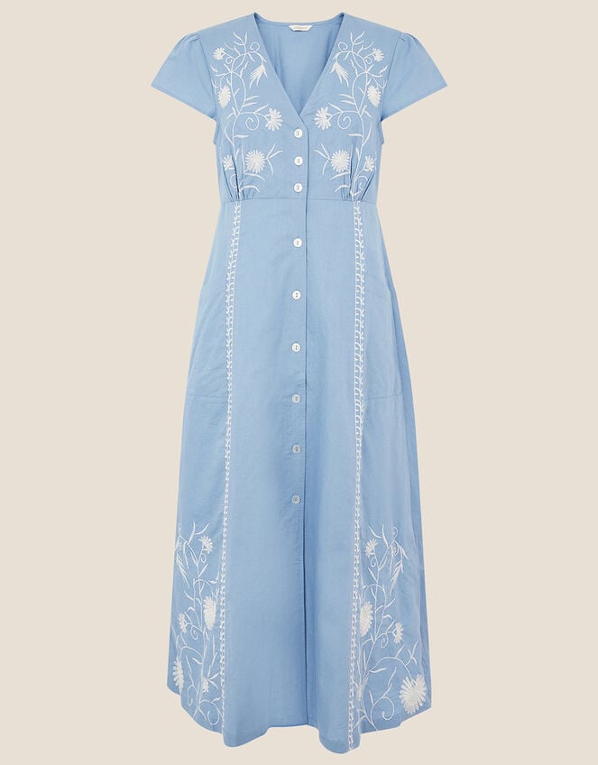 Embroidered Midi Dress in Linen Blend, Blue (BLUE), large