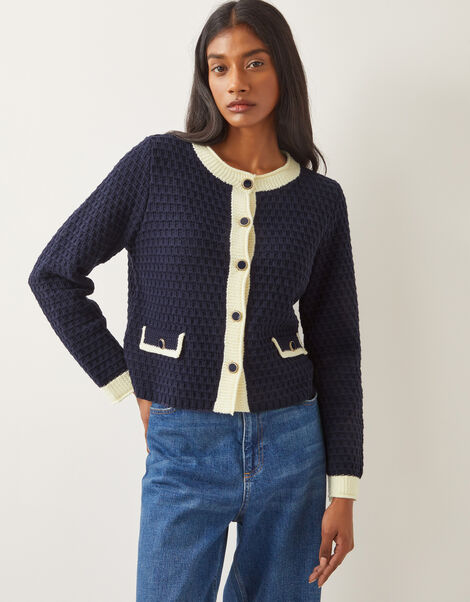 Nancy Smart Waffle Knit Cardigan, Blue (NAVY), large