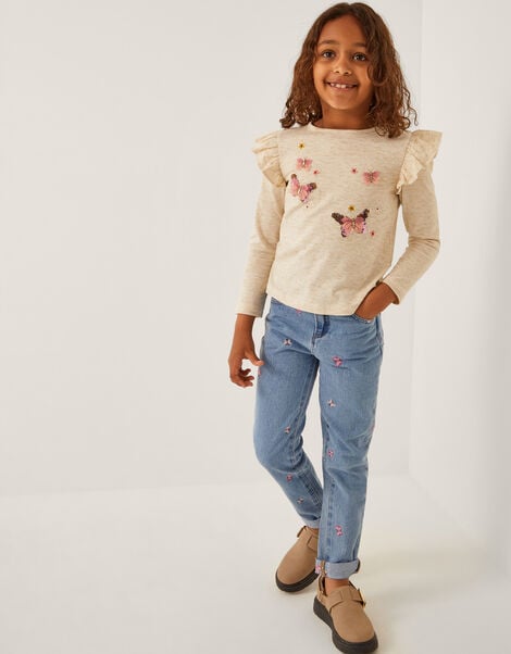 Butterfly Embroidered Straight Leg Jeans, Blue (BLUE), large