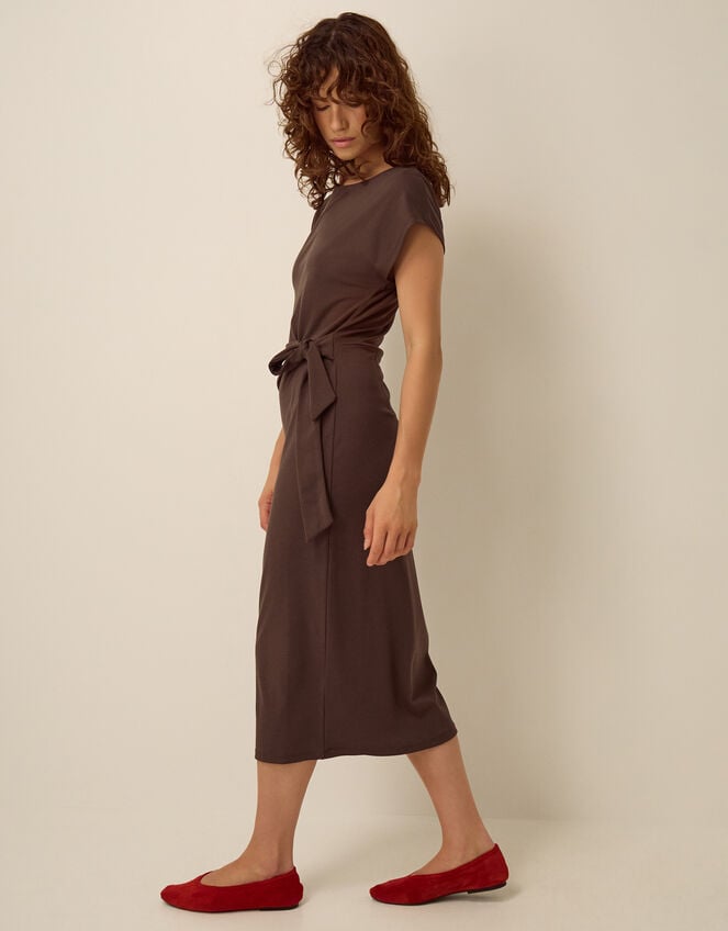 Tiff Tie Side Jersey Midi Dress, Brown (CHOCOLATE), large