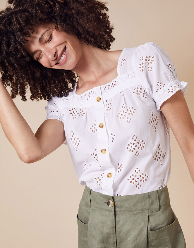 Broderie Anglaise Top in Organic Cotton, White (WHITE), large
