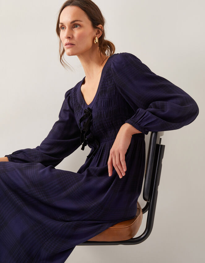 Cassie Check Long-Sleeve Midi Dress, Blue (NAVY), large