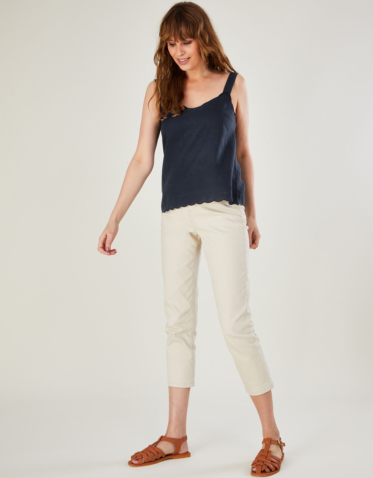 Scallop Plain Cami Top in Linen Blend Blue Vests Camisoles And