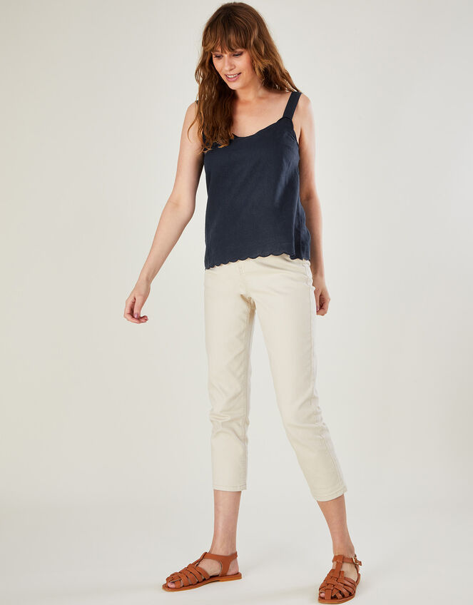 Scallop Plain Cami Top in Linen Blend, Blue (NAVY), large