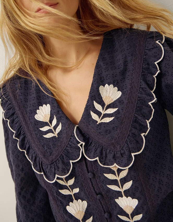 Talia Oversized Collar Tulip Top, Blue (NAVY), large