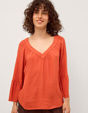 Kallie Flute Sleeve Dobby Blouse, Orange (ORANGE), large