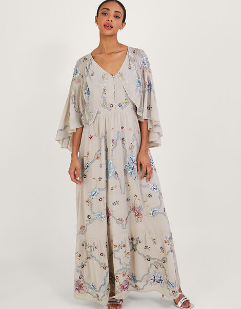 Seraphina Embroidered Cape Maxi Dress, Nude (NUDE), large