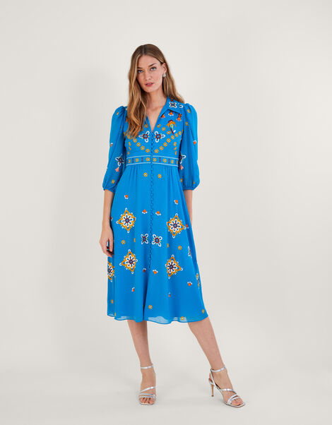 Blair Embroidered Shirt Dress in Recycled Polyester Blue, Blue (BLUE), large