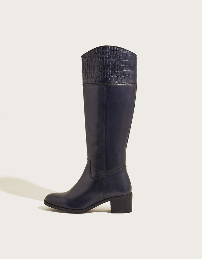 Croc Detail Leather Riding Boots Blue