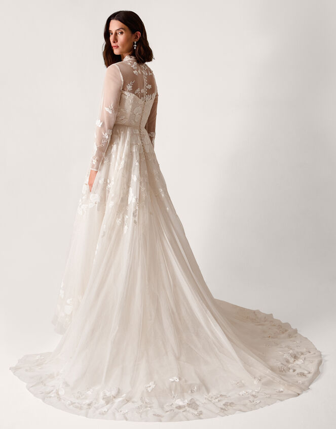 Lorelai Long Sleeve Floral Embellished Mesh Wedding Dress, Ivory (IVORY), large