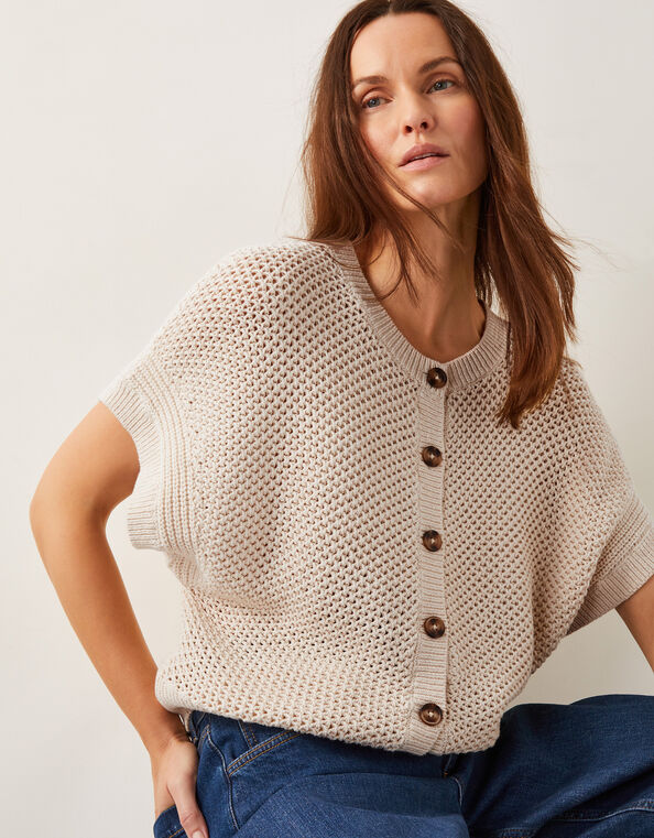 Saya Crochet Short Sleeve Cardigan, Ivory (IVORY), large