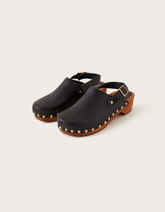Leather Slingback Clogs, Black (BLACK), large