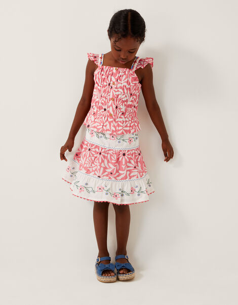 Floral Print Tiered Skirt, Orange (CORAL), large