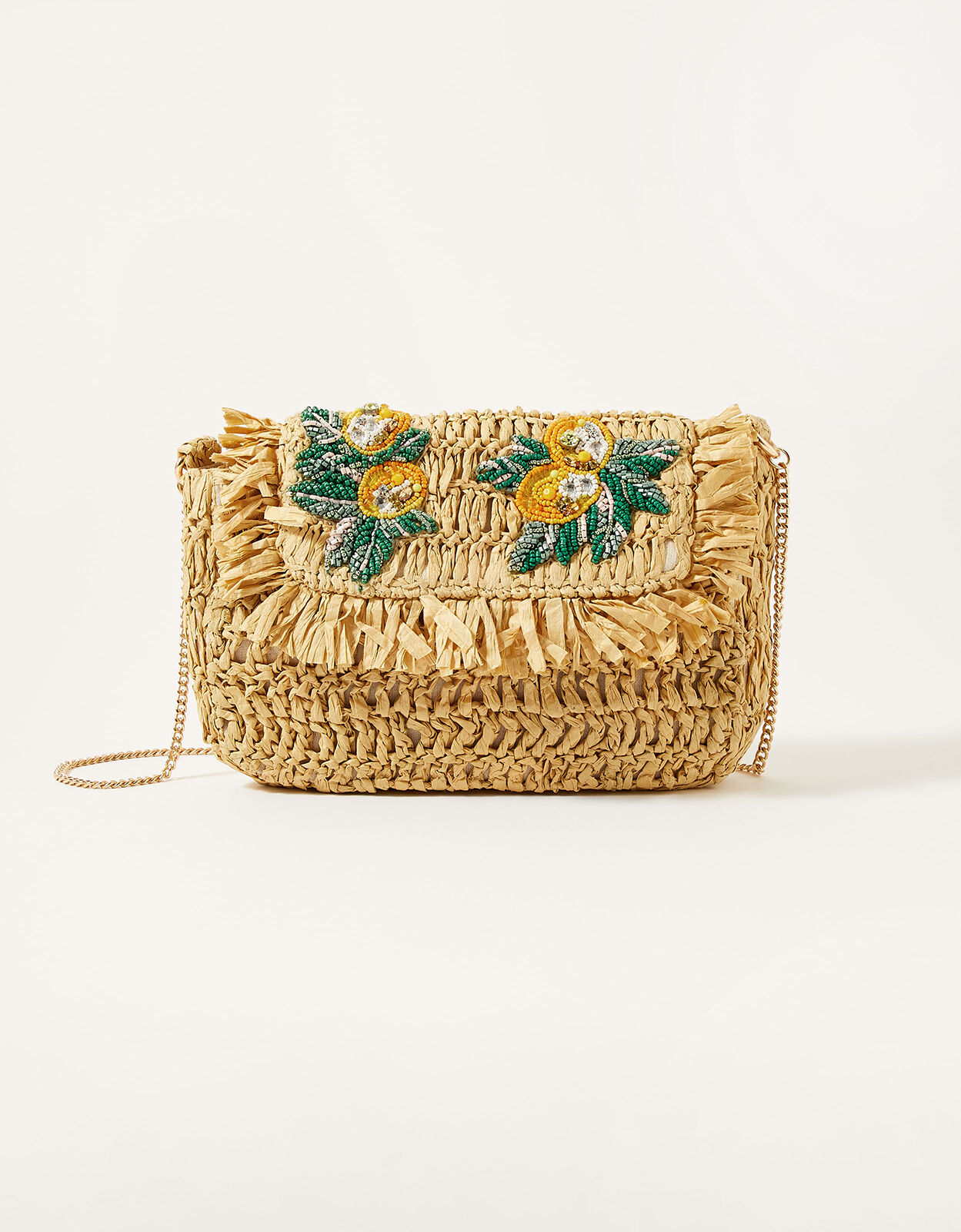 Lemon Embellished Straw Cross Body Bag