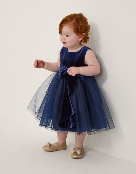 Baby Velvet Bow Party Dress, Blue (NAVY), large