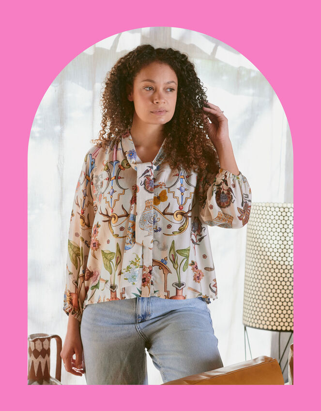 One Hundred Stars Cornucopia Pussybow Blouse, Ivory (IVORY), large