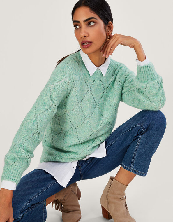 Diamond Stitch Longline Jumper with Recycled Polyester, Green (GREEN), large