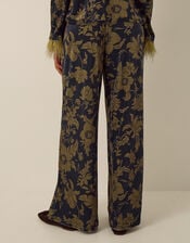 Princella High Waisted Floral Velvet Wide Leg Trousers, Blue (NAVY), large