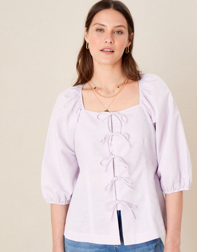 Tie Front Blouse in Linen Blend, Purple (LILAC), large