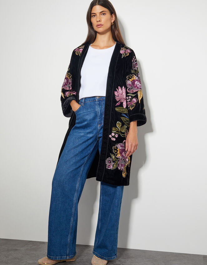 Freya Velvet Embroidered Kimono, Black (BLACK), large