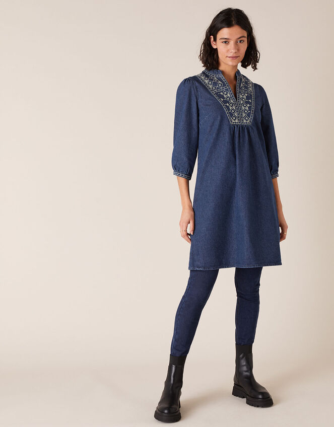 Embroidered Denim Dress, Blue (INDIGO), large