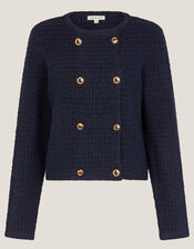 Skye Double-Breasted Waffle Knit Cardigan, Blue (NAVY), large