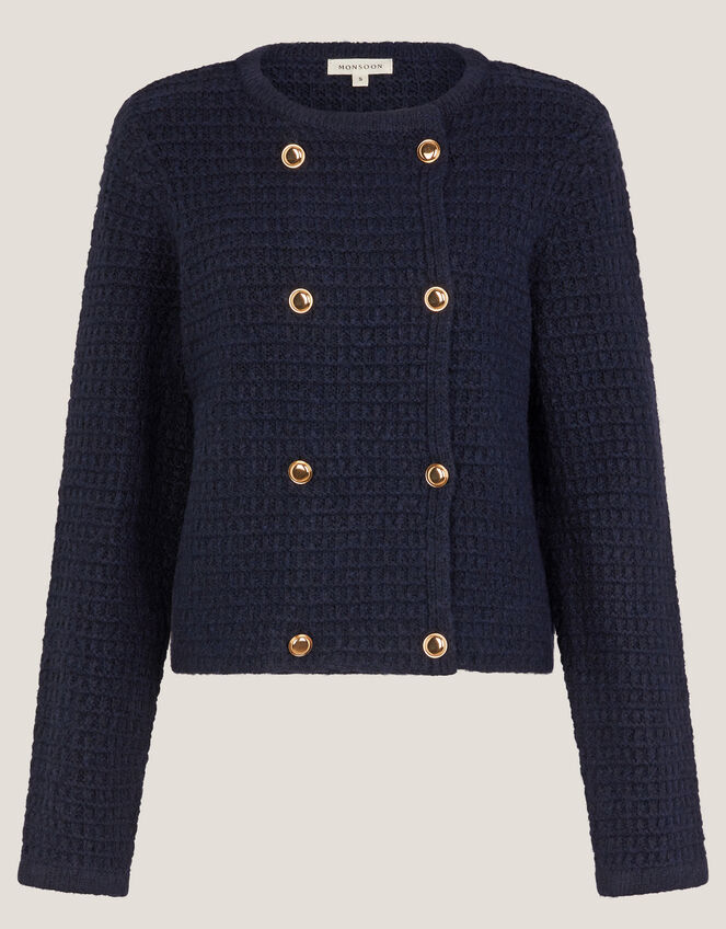 Skye Double-Breasted Waffle Knit Cardigan, Blue (NAVY), large