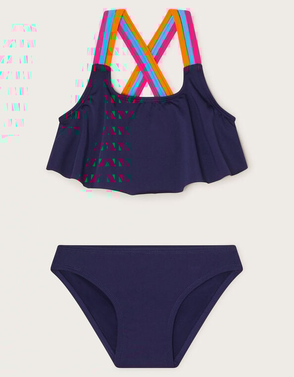 Cross-Back Strap Frill Bikini Set, Blue (NAVY), large