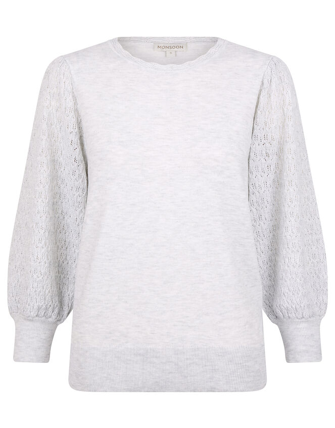 Pointelle Puff Sleeve Knit Jumper, Grey (GREY MARL), large