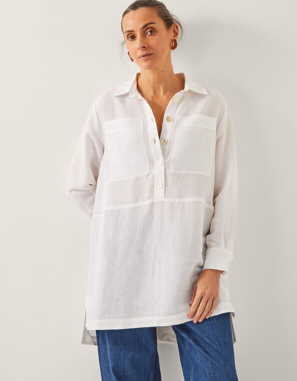 Tatiana Linen Blend Tunic Shirt, White (WHITE), large