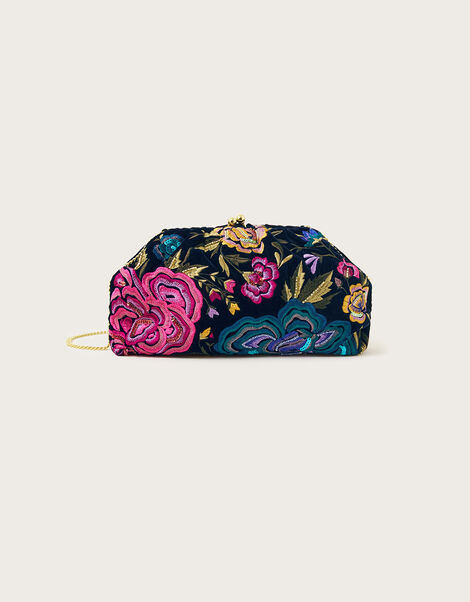 Floral Embroidered Velvet Pouch, , large