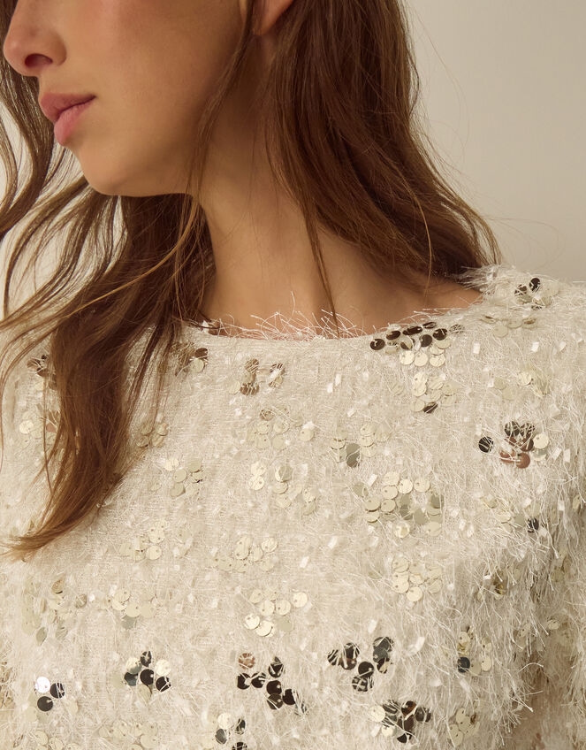 Saskia Short Sleeve Sequin Fringe Top , Ivory (IVORY), large