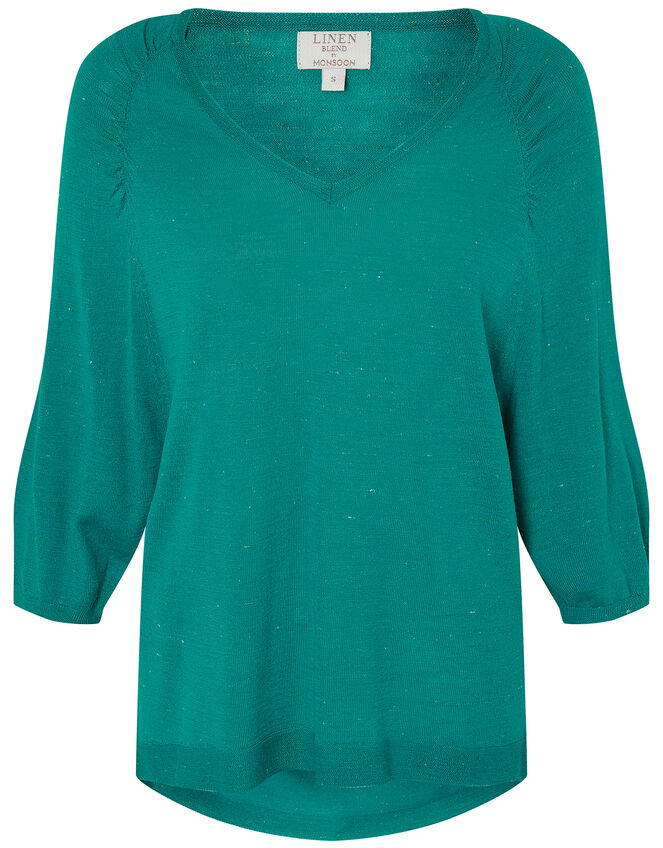 Gathered Sleeve Jumper in Linen Blend, Teal (TEAL), large