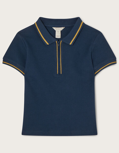 Zip Collar Textured Polo T-Shirt, Blue (NAVY), large