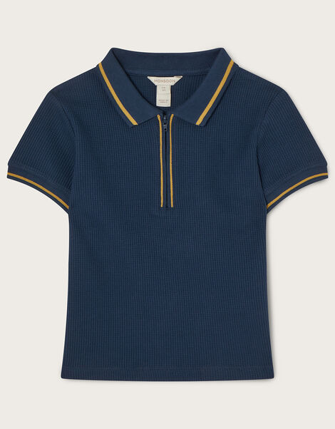 Zip Collar Textured Polo T-Shirt Blue, Blue (NAVY), large