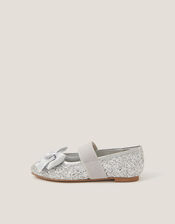 Glitter Bow Ballet Flats, Silver (SILVER), large
