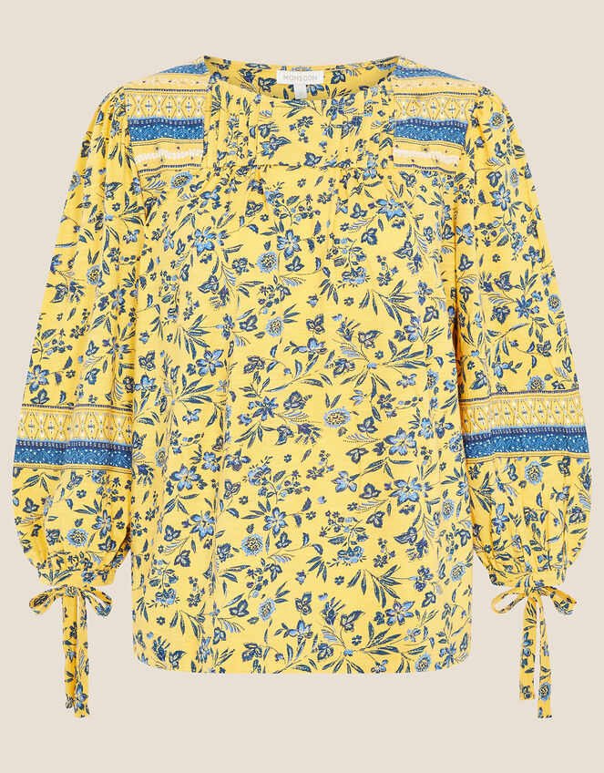 Floral Print Patch Jersey Top, Yellow (OCHRE), large