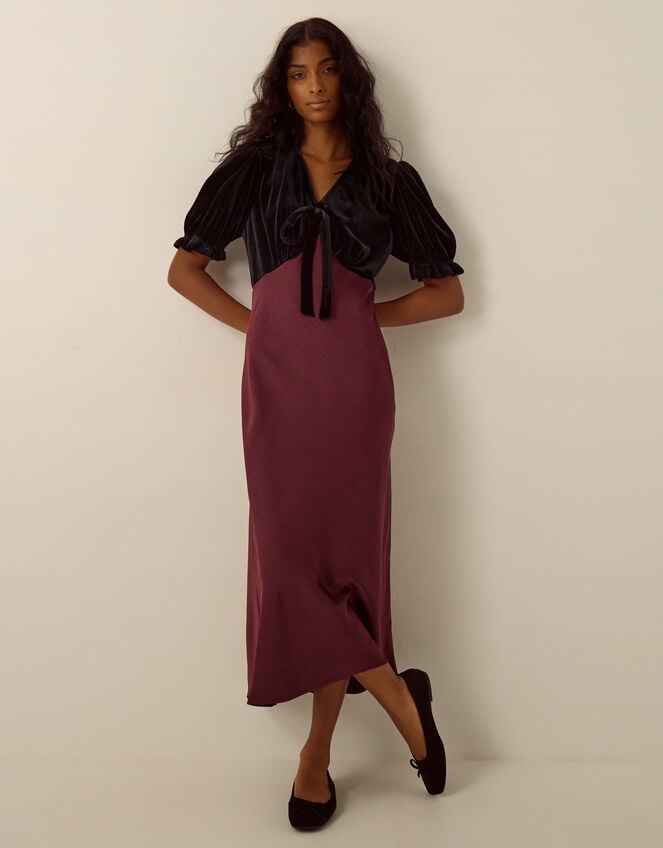 Fiona Puff Sleeve Velvet Satin Midi Dress, Red (WINE), large