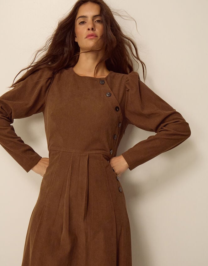 Silvia Button Stretch Corduroy Midi Dress, Tan (TAN), large