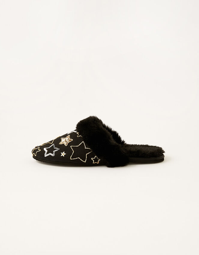 Sequin Star Faux Fur Slippers, Black (BLACK), large