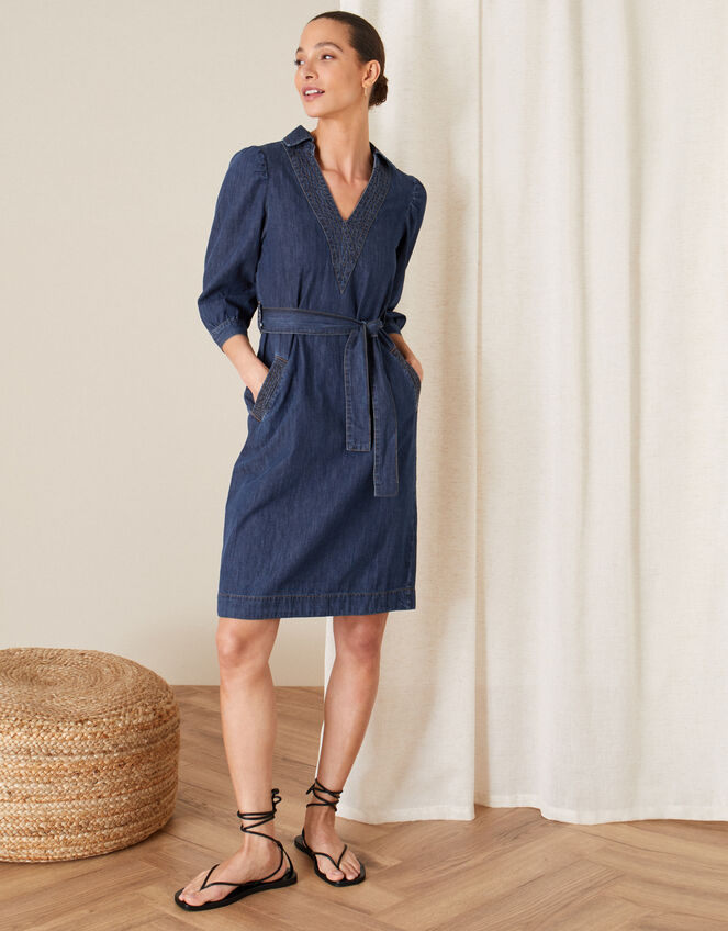 Belted Denim Dress, Blue (DENIM BLUE), large
