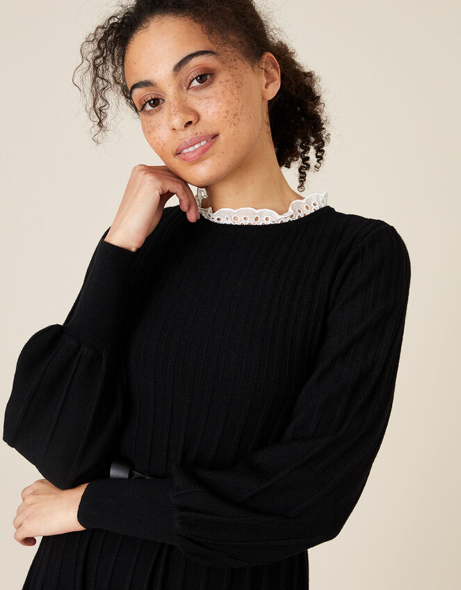 Woven Collar Knit Knee-Length Dress, Black (BLACK), large