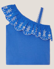 Embroidered Frill One Shoulder Top, Blue (BLUE), large