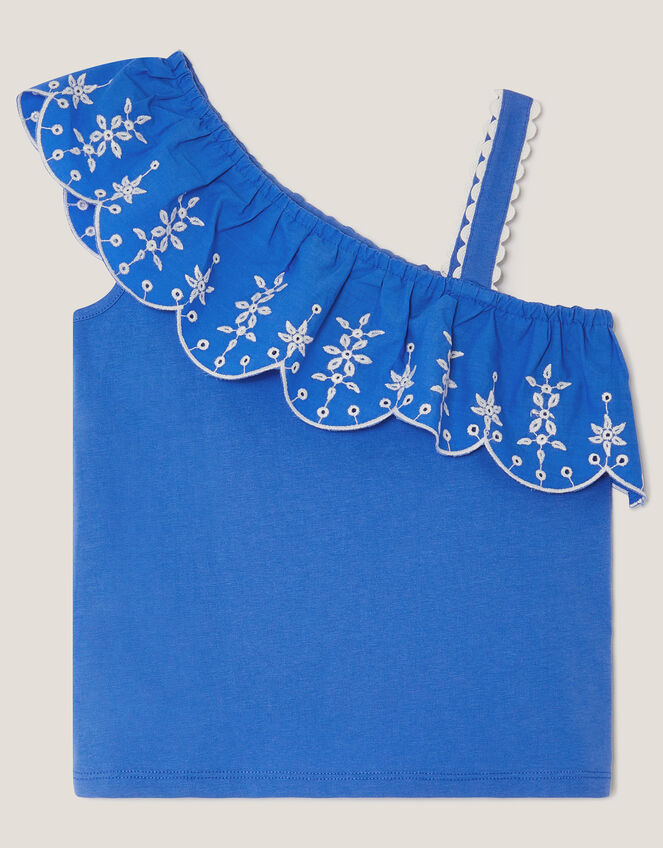 Embroidered Frill One Shoulder Top, Blue (BLUE), large