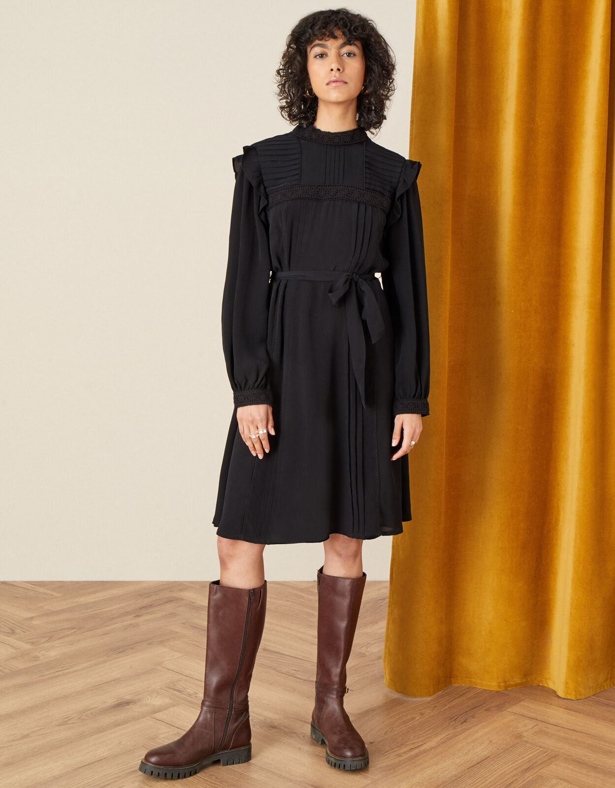 Victoriana Lace Trim Dress Black