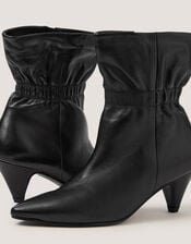Fia Ruched Leather Kitten Heel Boots, Black (BLACK), large